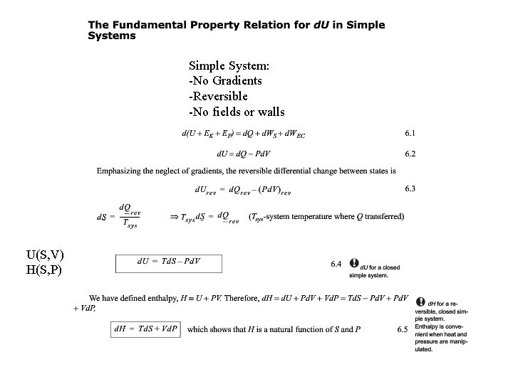 Simple System: -No Gradients -Reversible -No fields or walls U(S, V) H(S, P) 