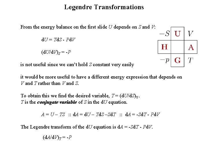 Legendre Transformations From the energy balance on the first slide U depends on S Legendre Transformations From the energy balance on the first slide U depends on S
