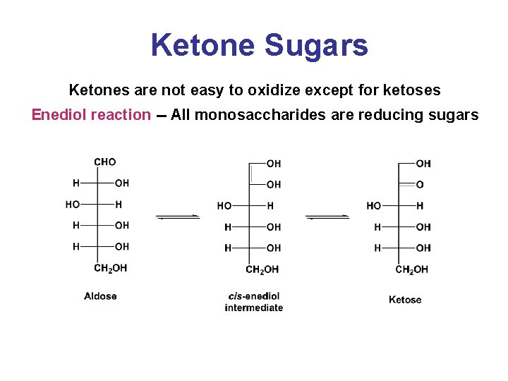 Ketone Sugars Ketones are not easy to oxidize except for ketoses Enediol reaction --