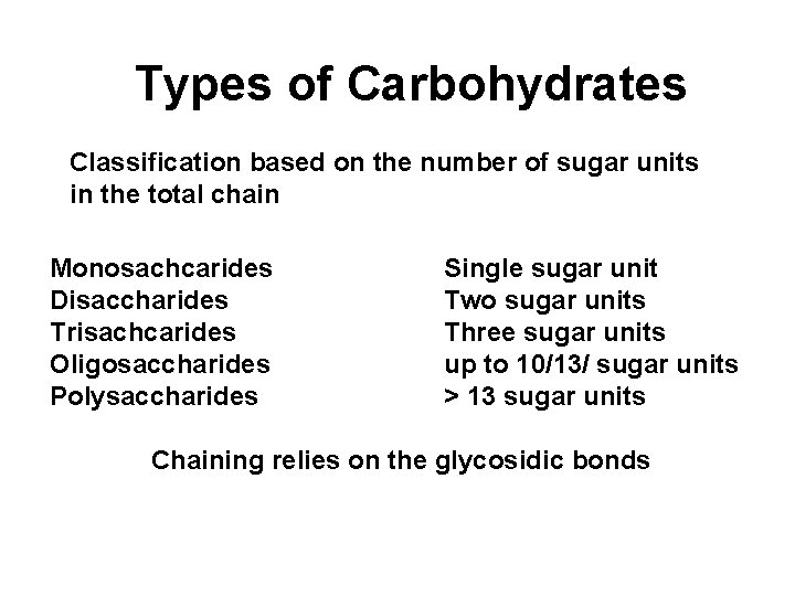 Types of Carbohydrates Classification based on the number of sugar units in the total