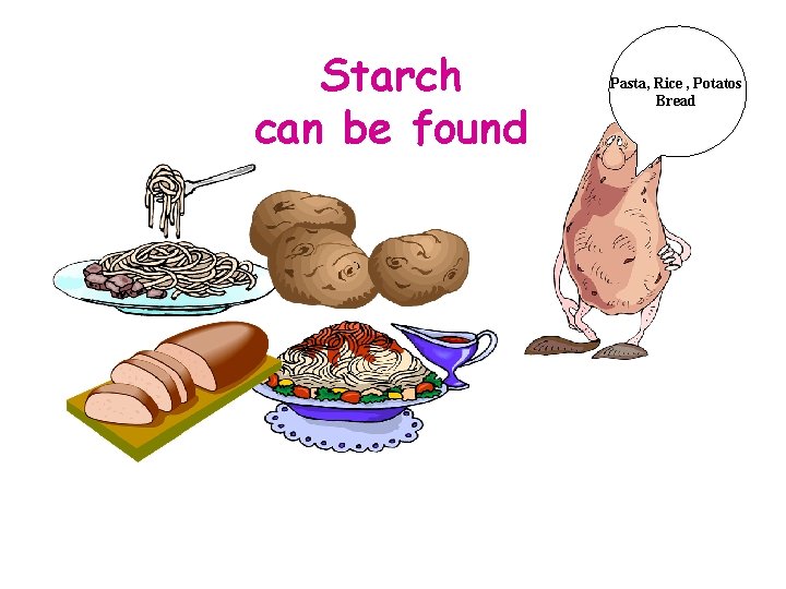 Starch can be found Pasta, Rice , Potatos Bread 