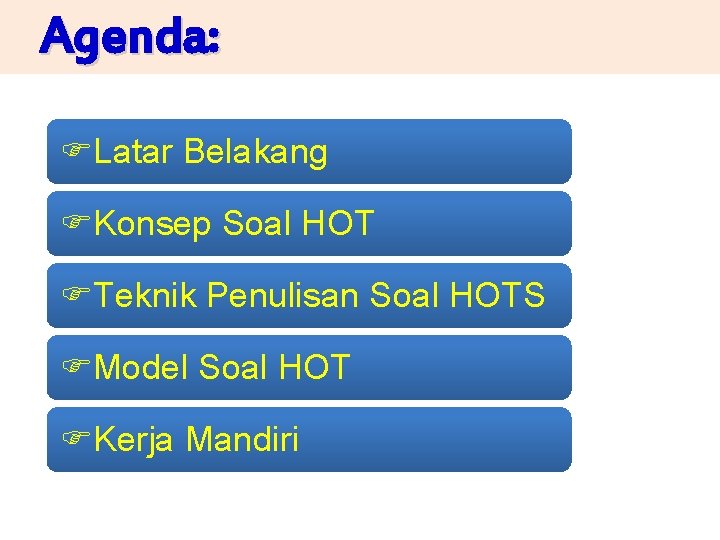 Agenda: Latar Belakang Konsep Soal HOT Teknik Penulisan Soal HOTS Model Soal HOT Kerja