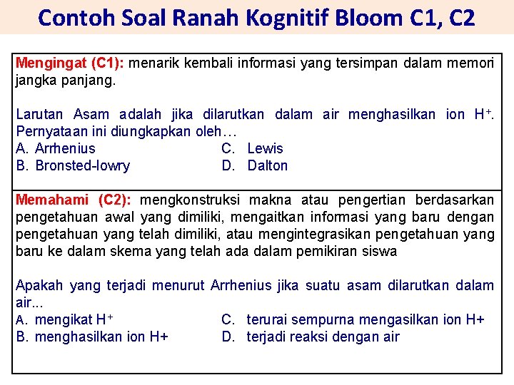 Contoh Soal Ranah Kognitif Bloom C 1, C 2 Mengingat (C 1): menarik kembali