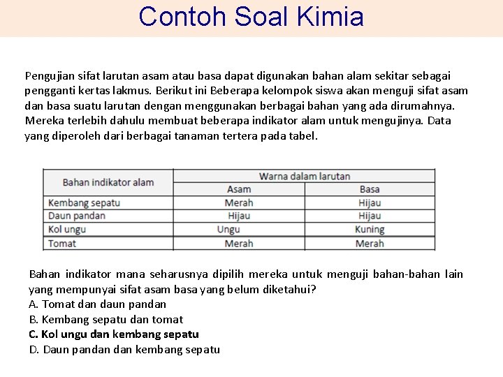 Contoh Soal Kimia Pengujian sifat larutan asam atau basa dapat digunakan bahan alam sekitar