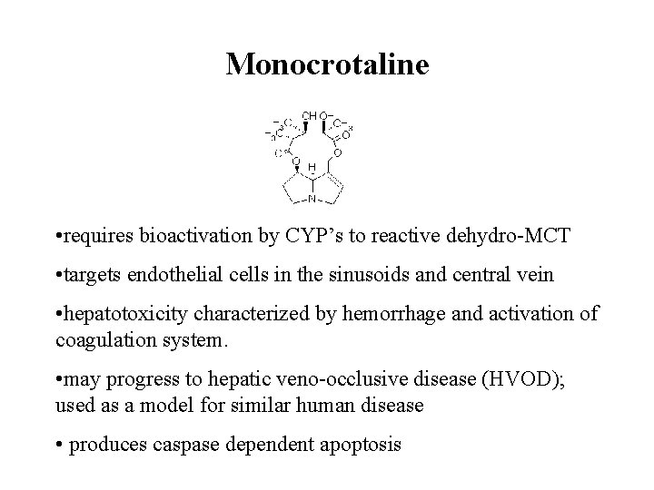 Monocrotaline • requires bioactivation by CYP’s to reactive dehydro-MCT • targets endothelial cells in