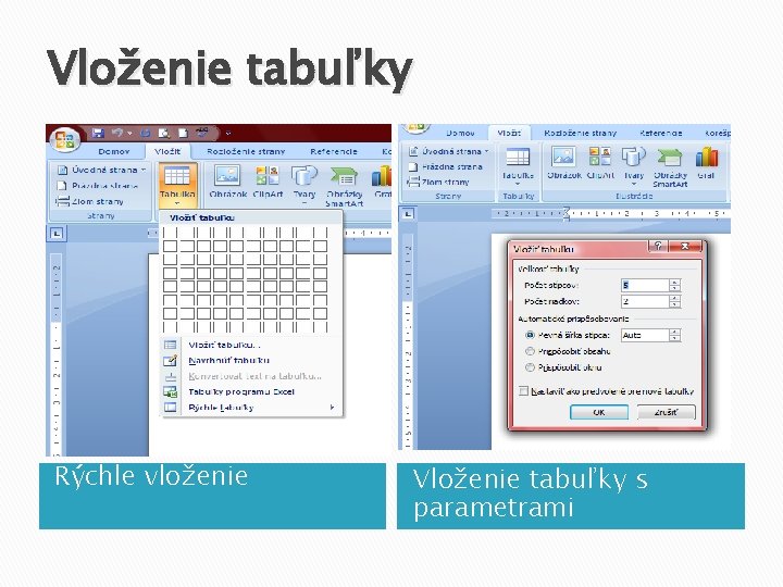 Vloženie tabuľky Rýchle vloženie Vloženie tabuľky s parametrami 