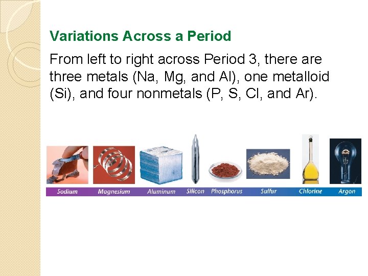 Variations Across a Period From left to right across Period 3, there are three