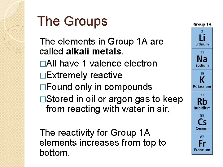 The Groups The elements in Group 1 A are called alkali metals. �All have