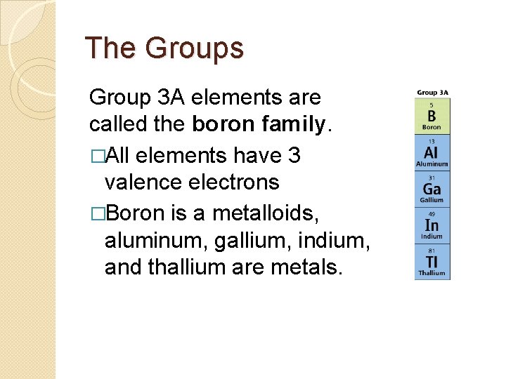The Groups Group 3 A elements are called the boron family. �All elements have