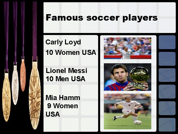 Famous soccer players Carly Loyd 10 Women USA Lionel Messi 10 Men USA Mia