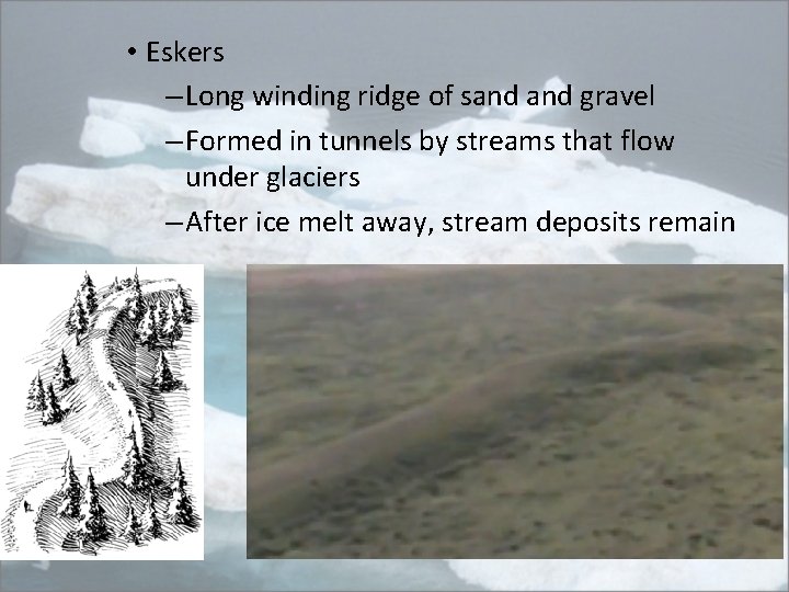  • Eskers – Long winding ridge of sand gravel – Formed in tunnels