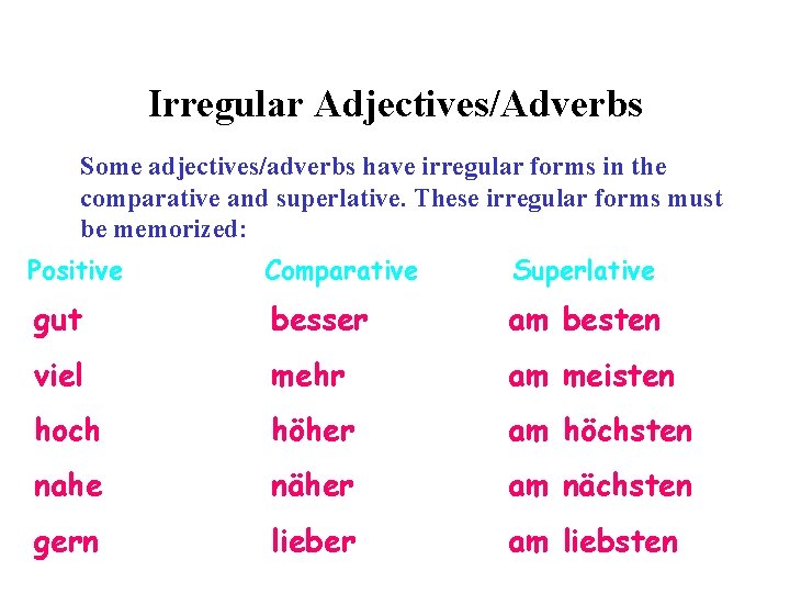 Irregular Adjectives/Adverbs Some adjectives/adverbs have irregular forms in the comparative and superlative. These irregular