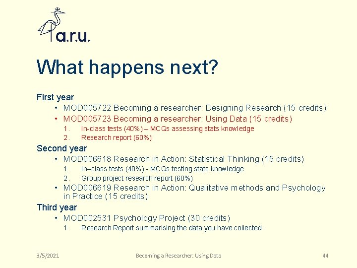 What happens next? First year • MOD 005722 Becoming a researcher: Designing Research (15