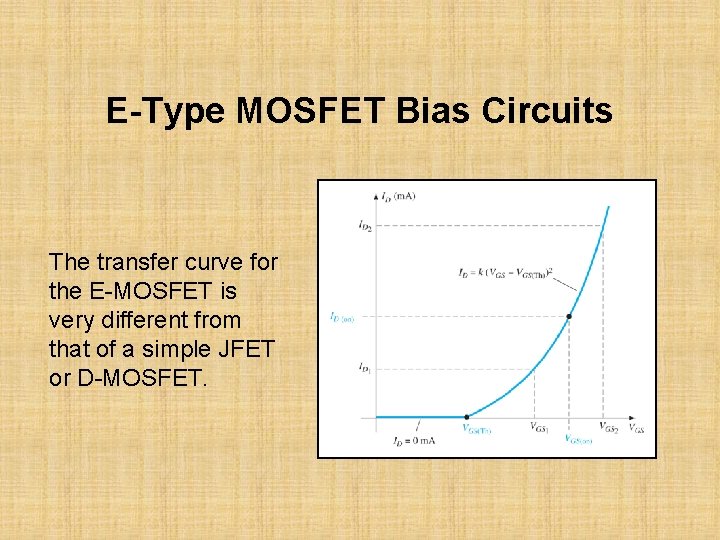 E-Type MOSFET Bias Circuits The transfer curve for the E-MOSFET is very different from