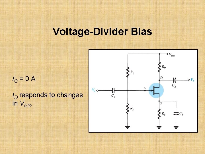 Voltage-Divider Bias IG = 0 A ID responds to changes in VGS. 