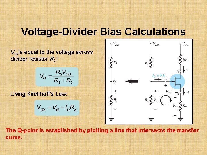 Voltage-Divider Bias Calculations VG is equal to the voltage across divider resistor R 2: