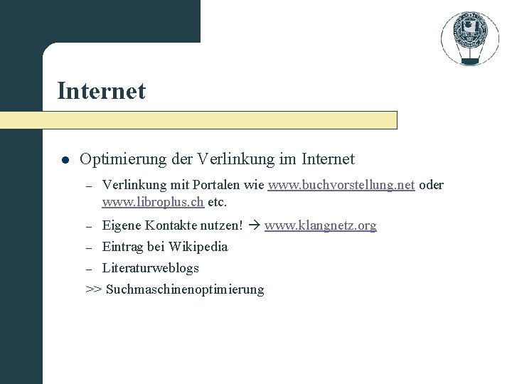 Internet l Optimierung der Verlinkung im Internet – Verlinkung mit Portalen wie www. buchvorstellung.