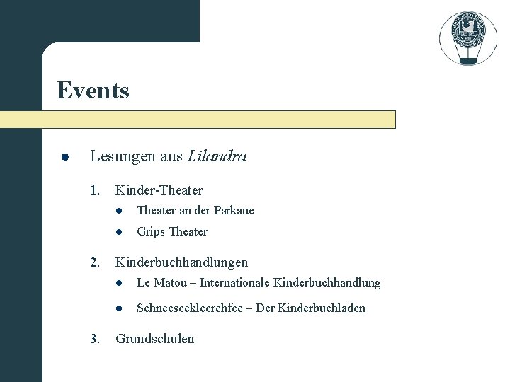 Events l Lesungen aus Lilandra 1. 2. 3. Kinder-Theater l Theater an der Parkaue