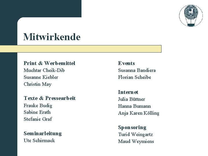 Mitwirkende Print & Werbemittel Events Muchtar Cheik-Dib Susanne Kiebler Christin May Susanna Bandiera Florian