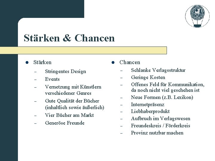 Stärken & Chancen l Stärken – – – Stringentes Design Events Vernetzung mit Künstlern