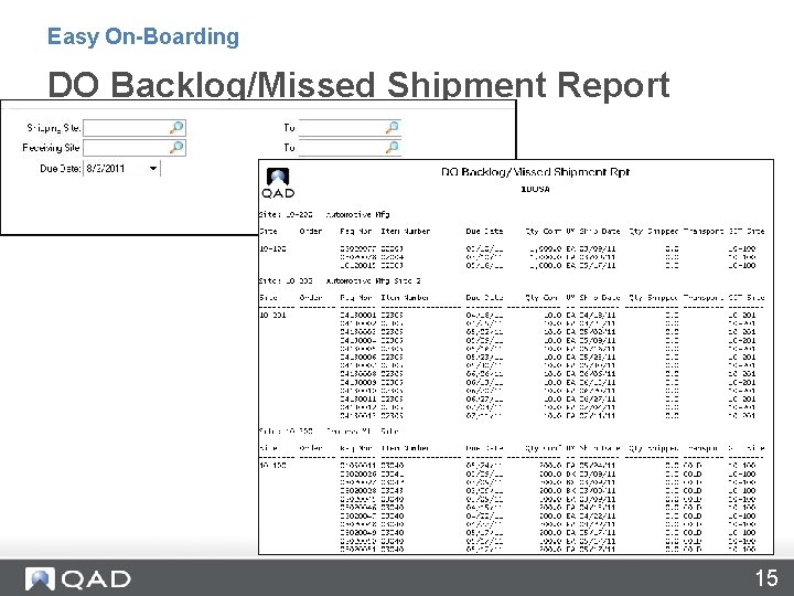 Easy On-Boarding DO Backlog/Missed Shipment Report 15 