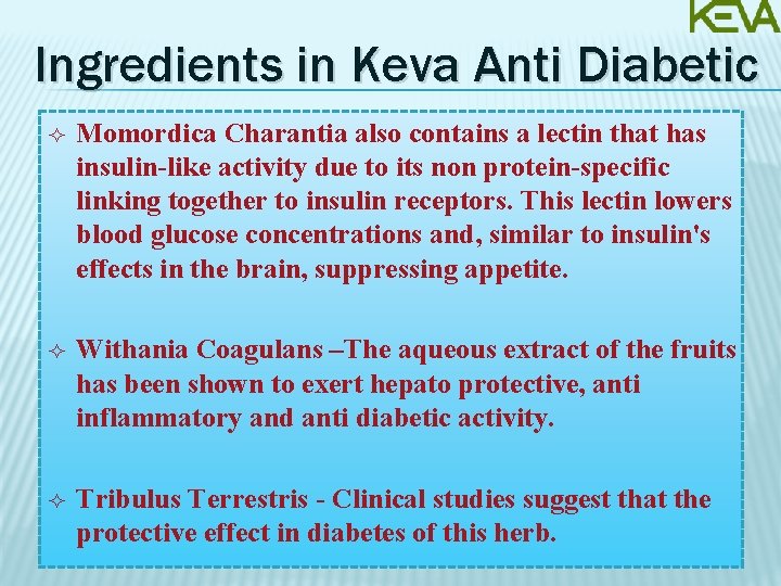 Ingredients in Keva Anti Diabetic Momordica Charantia also contains a lectin that has insulin-like