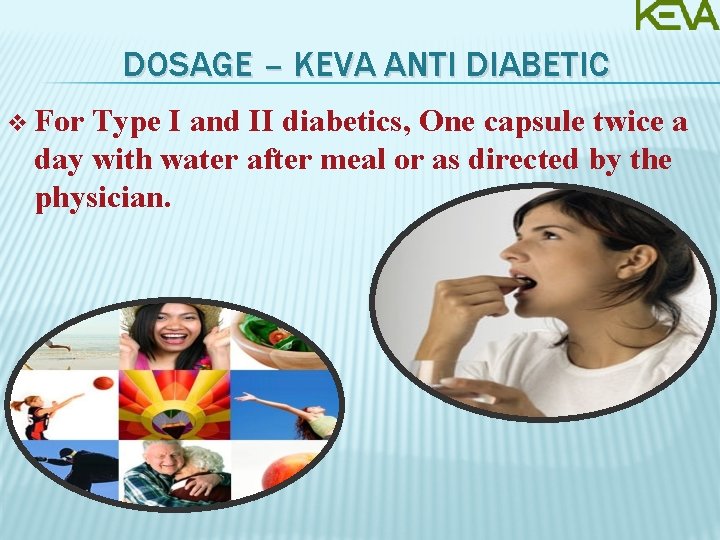 DOSAGE – KEVA ANTI DIABETIC v For Type I and II diabetics, One capsule