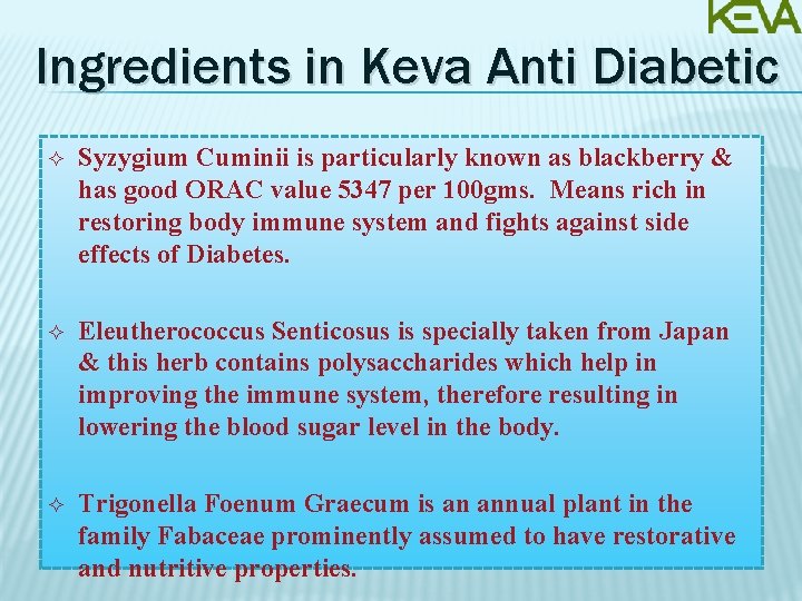 Ingredients in Keva Anti Diabetic Syzygium Cuminii is particularly known as blackberry & has