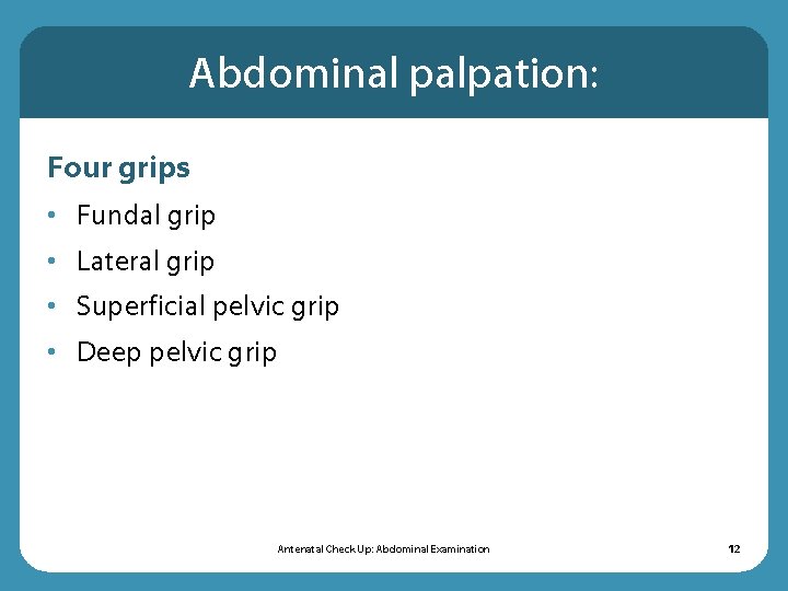 Abdominal palpation: Four grips • Fundal grip • Lateral grip • Superficial pelvic grip