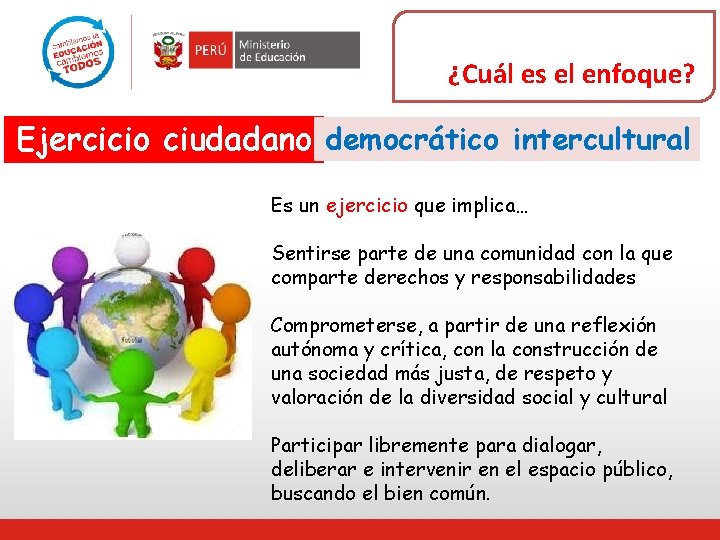 ¿Cuál es el enfoque? Ejercicio ciudadano democrático intercultural Es un ejercicio que implica… Sentirse