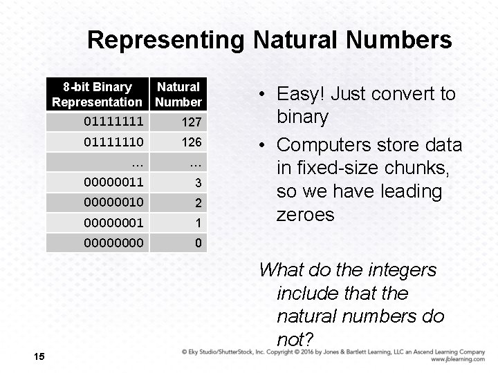 Representing Natural Numbers 8 -bit Binary Natural Representation Number 01111111 127 01111110 126 …