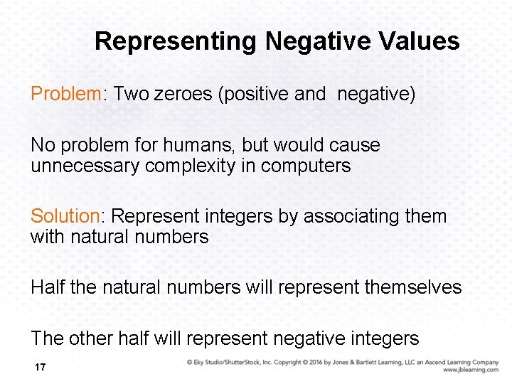 Representing Negative Values Problem: Two zeroes (positive and negative) No problem for humans, but