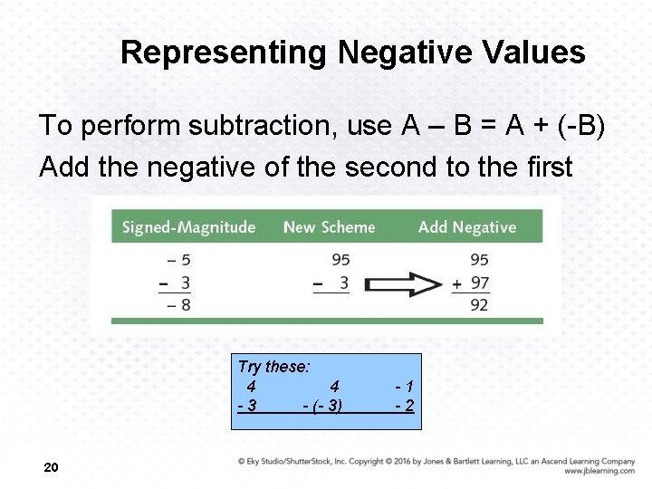 Representing Negative Values To perform subtraction, use A – B = A + (-B)