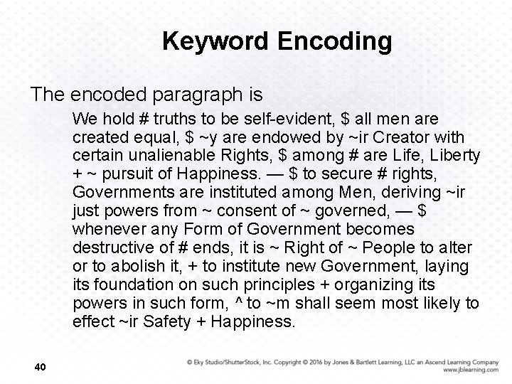 Keyword Encoding The encoded paragraph is We hold # truths to be self-evident, $