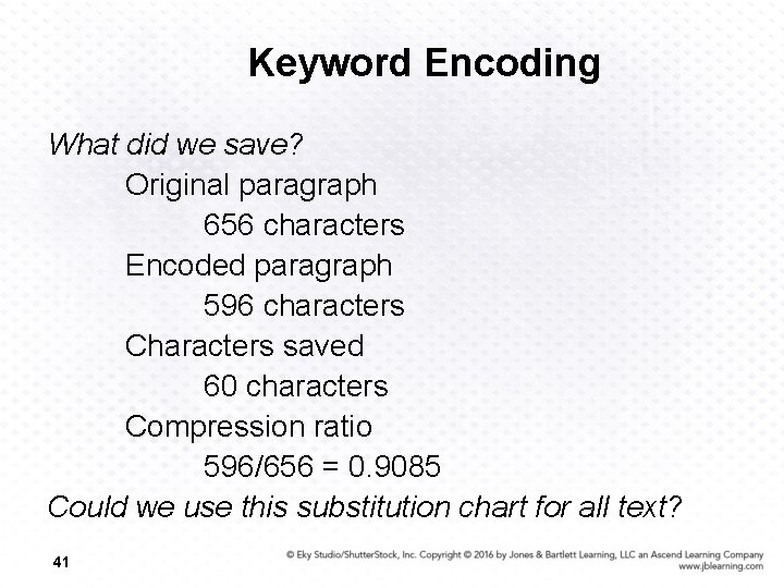 Keyword Encoding What did we save? Original paragraph 656 characters Encoded paragraph 596 characters
