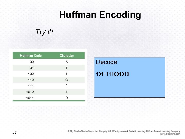 Huffman Encoding Try it! Decode 1011111001010 47 