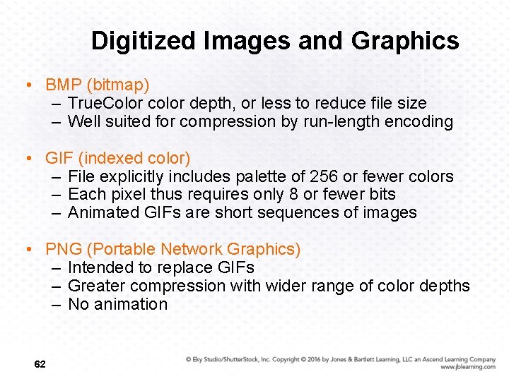 Digitized Images and Graphics • BMP (bitmap) – True. Color color depth, or less