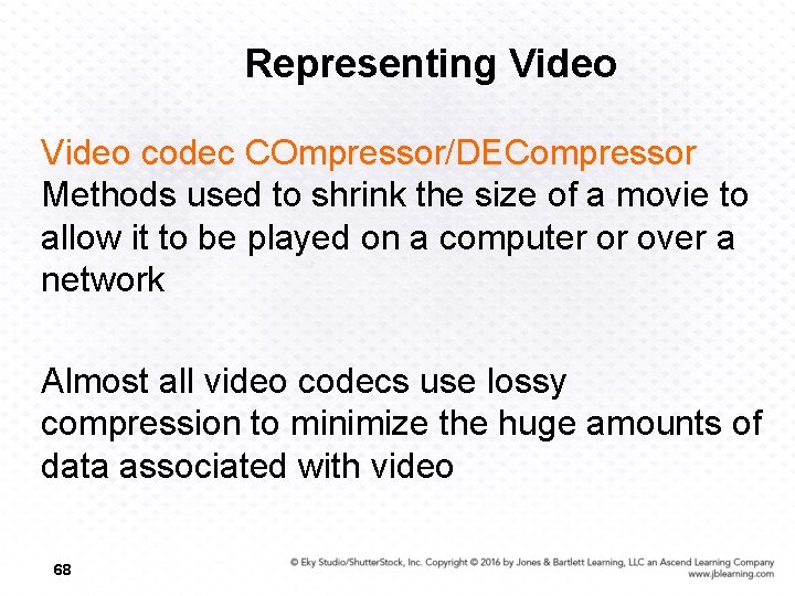 Representing Video codec COmpressor/DECompressor Methods used to shrink the size of a movie to