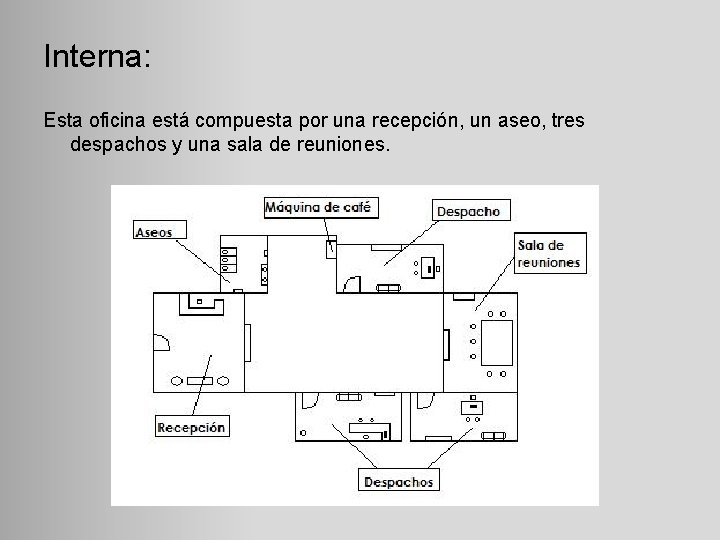 Interna: Esta oficina está compuesta por una recepción, un aseo, tres despachos y una