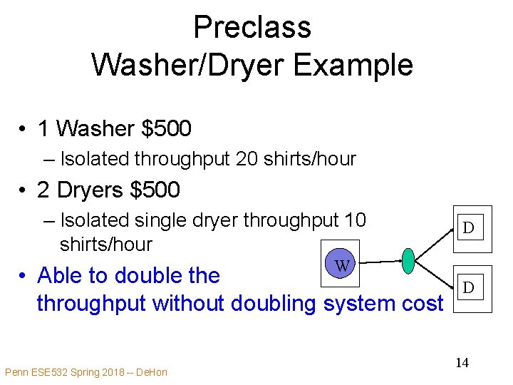 Preclass Washer/Dryer Example • 1 Washer $500 – Isolated throughput 20 shirts/hour • 2