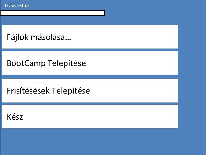 BOSX Setup Fájlok másolása… Boot. Camp Telepítése Frisítésések Telepítése Kész 