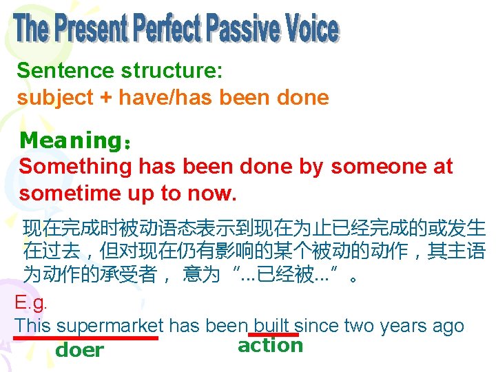 Sentence structure: subject + have/has been done Meaning： Something has been done by someone