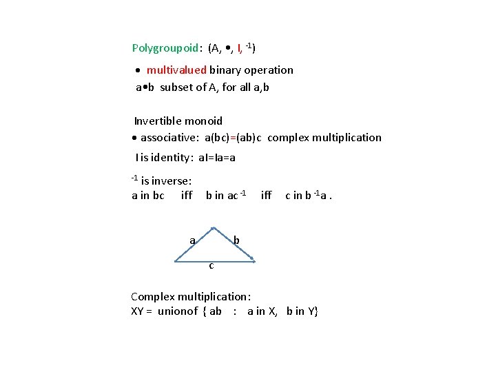 Polygroupoid: (A, • , I, -1) • multivalued binary operation a • b subset