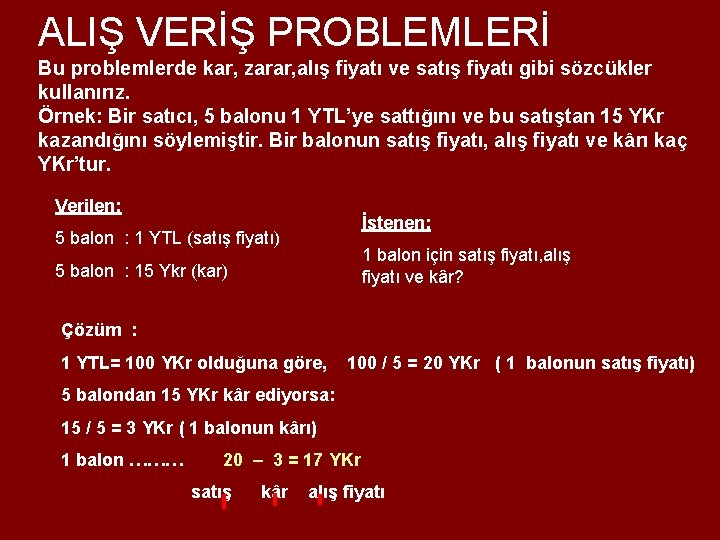ALIŞ VERİŞ PROBLEMLERİ Bu problemlerde kar, zarar, alış fiyatı ve satış fiyatı gibi sözcükler