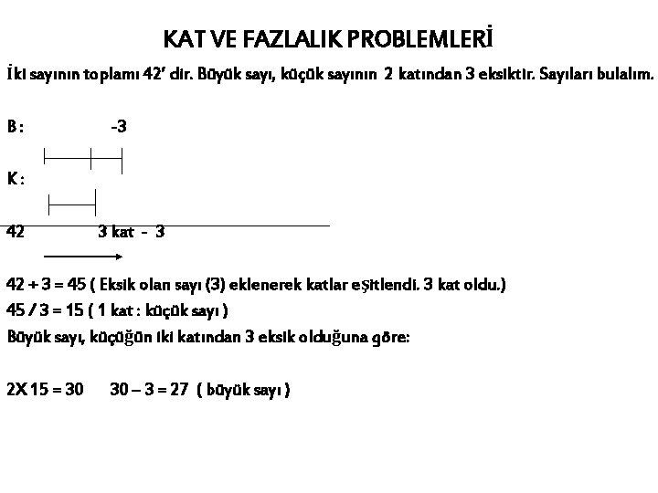 KAT VE FAZLALIK PROBLEMLERİ İki sayının toplamı 42’ dir. Büyük sayı, küçük sayının 2