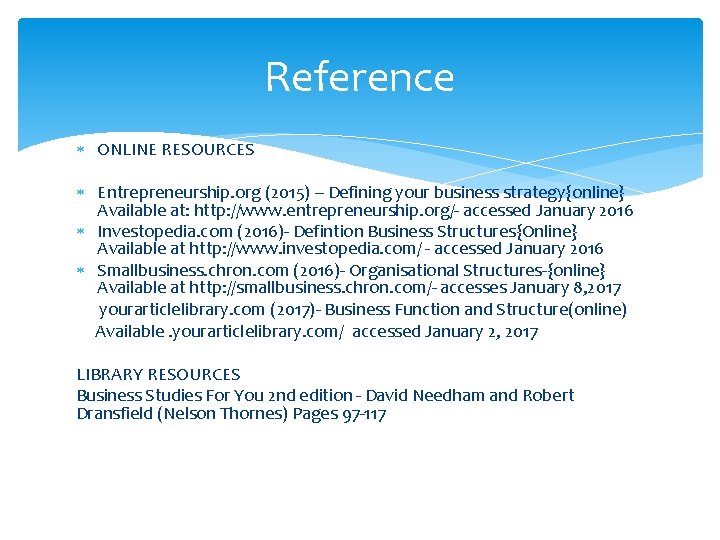 Reference ONLINE RESOURCES Entrepreneurship. org (2015) – Defining your business strategy{online} Available at: http: