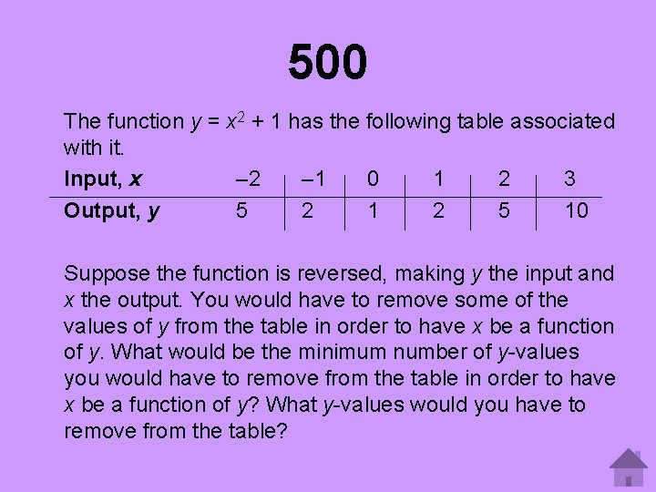 500 The function y = x 2 + 1 has the following table associated