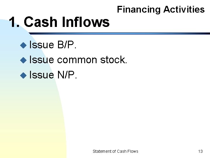 1. Cash Inflows Financing Activities u Issue B/P. u Issue common stock. u Issue