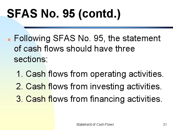SFAS No. 95 (contd. ) n Following SFAS No. 95, the statement of cash