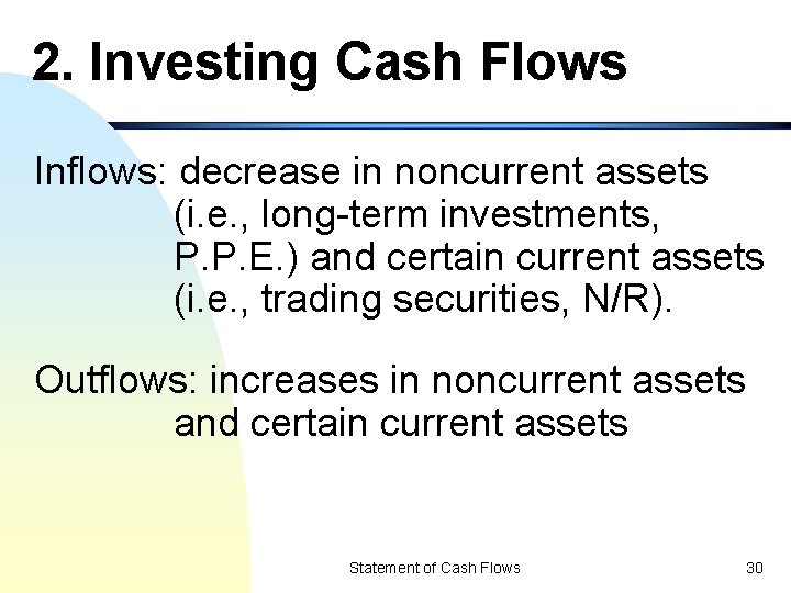 2. Investing Cash Flows Inflows: decrease in noncurrent assets (i. e. , long-term investments,